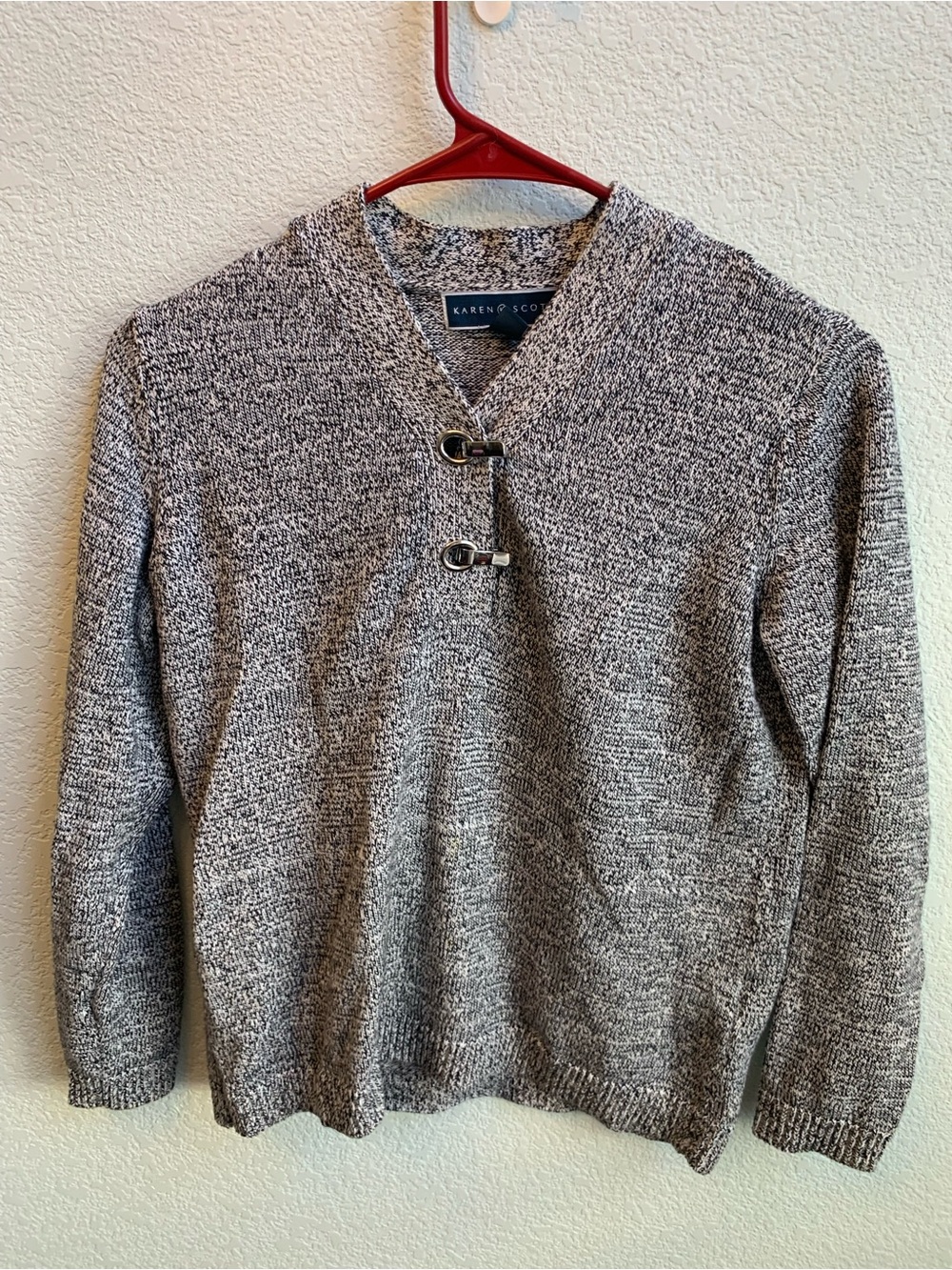 Karen Scott Gray Marled V-Neck Toggle Pullover Sweater